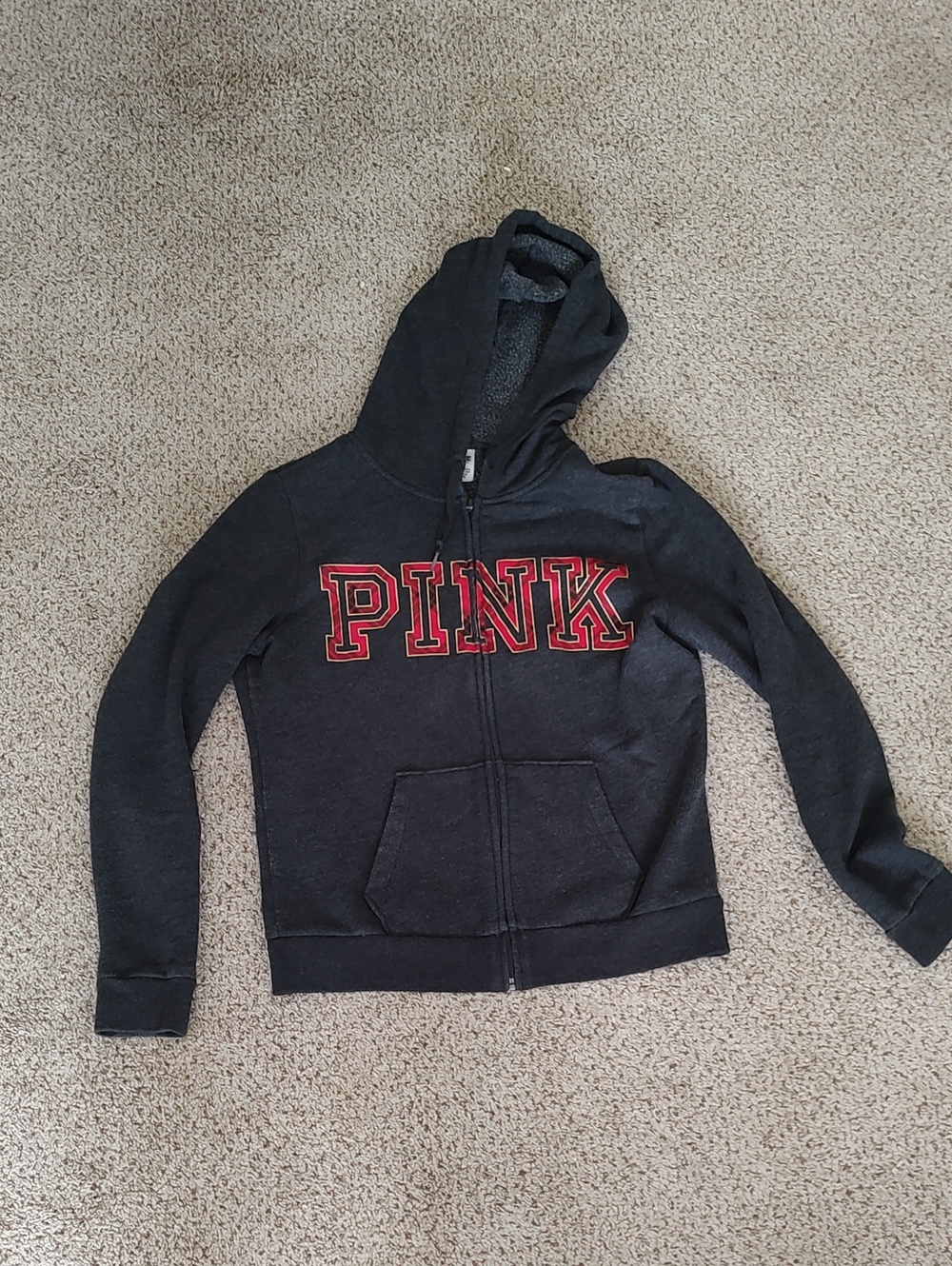 PINK Victoria's Secret Dark Gray Zip Hoodie with Red Logo